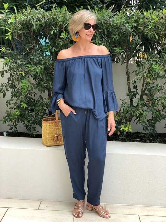 Blue Romper suit with straw handbag fashion for women over 50