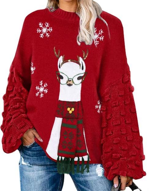 Cute Funny Ugly Christmas Sweater Puff Sleeve Snowflake Reindeer