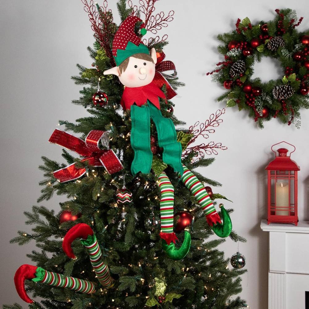 Plush Red and Green Elf Christmas Tree Topper, Unlit