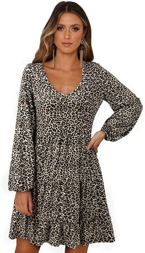 SOLERSUN Women's Casual Leopard Tunic Dress Long Sleeve V Neck Loose Swing Babydoll Dresses
