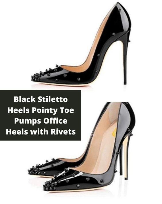 Black Stiletto Heels Pointy Toe Pumps with Rivets