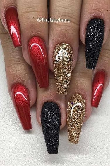 red, gold and black nails with glitter