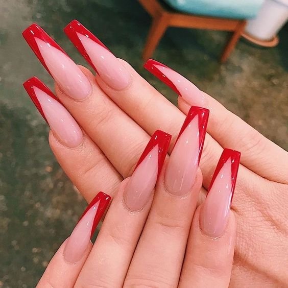 Red French Tip Nails Coffin Short