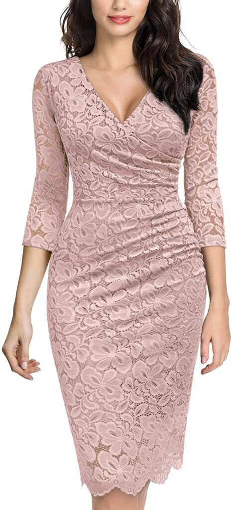 Light Pink Floral Pattern Lace Long Sleeve Dress