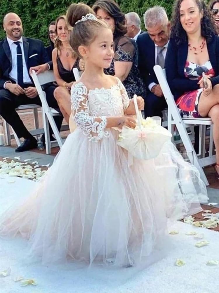 Long Sleeve Flower Girls Dresses Lace Tulle with Bow