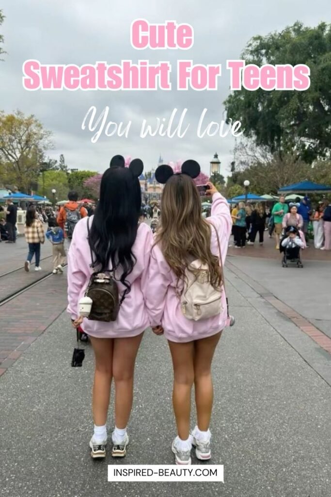 cute sweatshirt ideas for teens, two girls standing in pink oversize sweatshirt