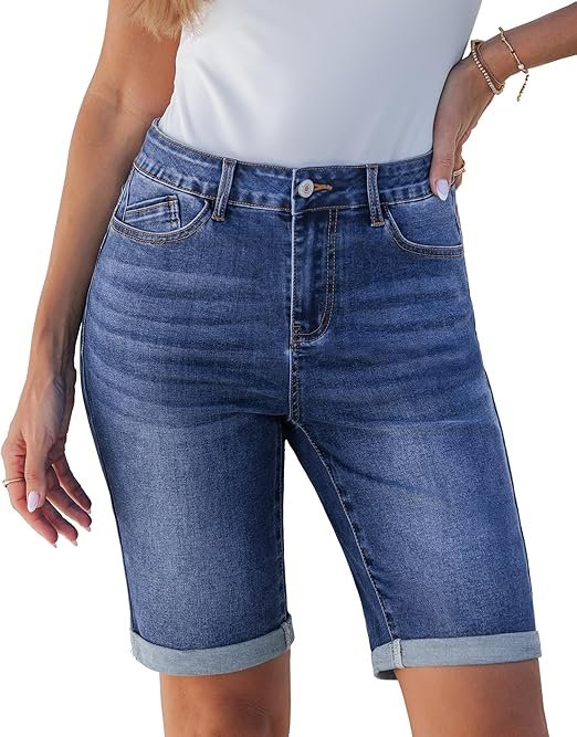 Bermuda Jean Shorts for Women Knee Length High Waisted Trendy Cuffed Hem Long Stretchy Denim Shorts Summer Jorts