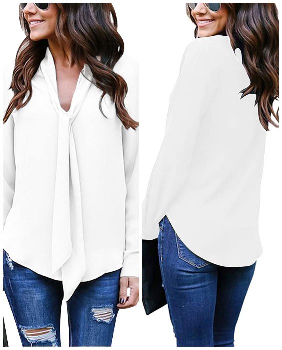 Casual V Neck Chiffon Blouses with Blue Jeans and Black Bag Work Outfit