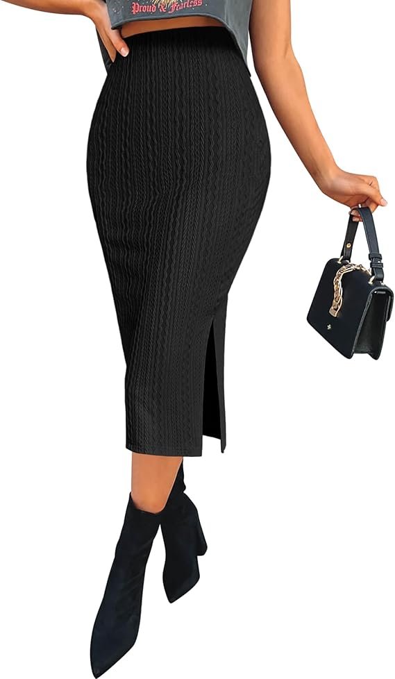 Knit Midi Skirts Casual Pencil Skirt High Waisted Long Skirts with Slit Elegant Work Office Skirts