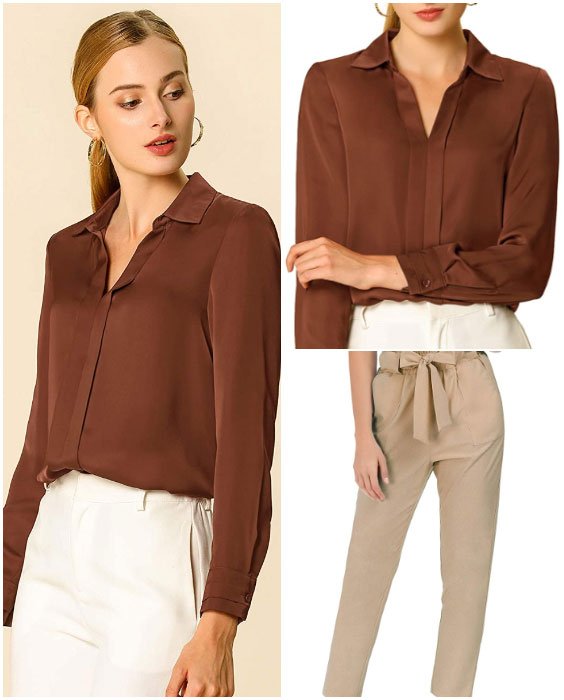 Office Elegant V Neck Blouse With Blow front Pants Work Outfits for Women