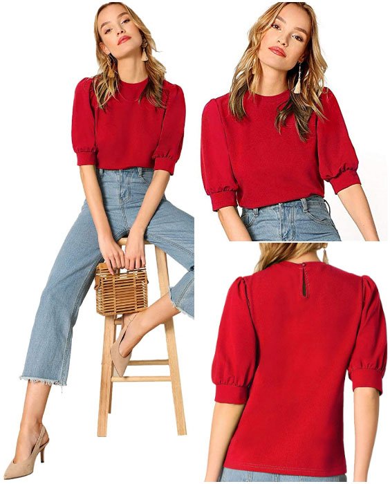 Puff Red Sleeve Casual Solid Top with Jeans Pants and Shoes Work Outfit