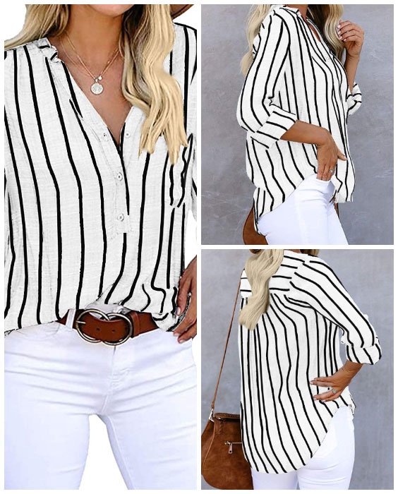 V-Neck Stripes Casual Blouses with White Pants Work Outfit