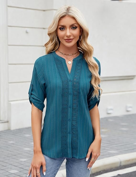 Womens Button Down Shirts Lace Crochet Dressy Casual Tops