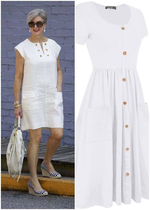 White Sleeveless Dress Outfit with Buttons idea for women over 50 500x700