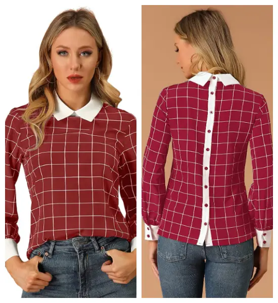 Contrast Turndown Collar Button Back Check Plaid Cute Work Tops