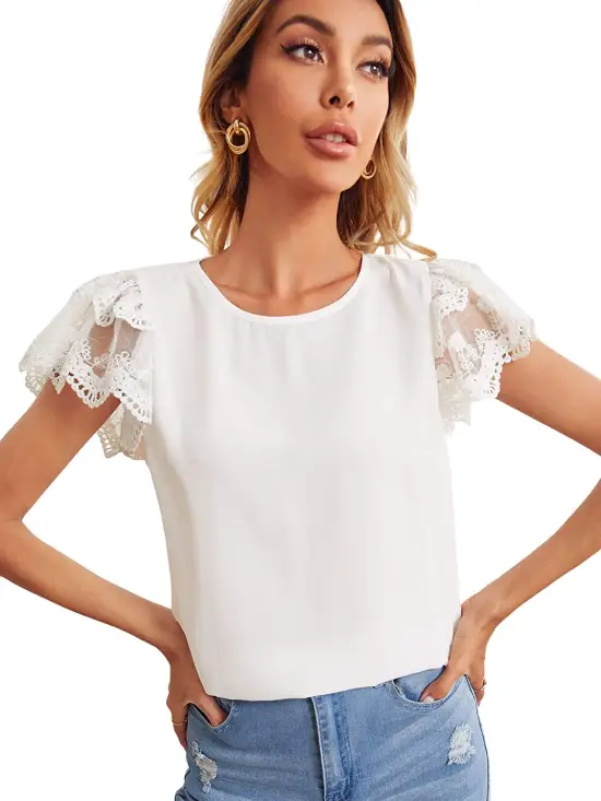 embroidery floral mesh layered short sleeve white Tops for Work