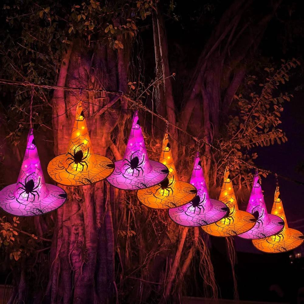 Halloween Decorations 8 Pcs Lighted Hanging Witch Hats