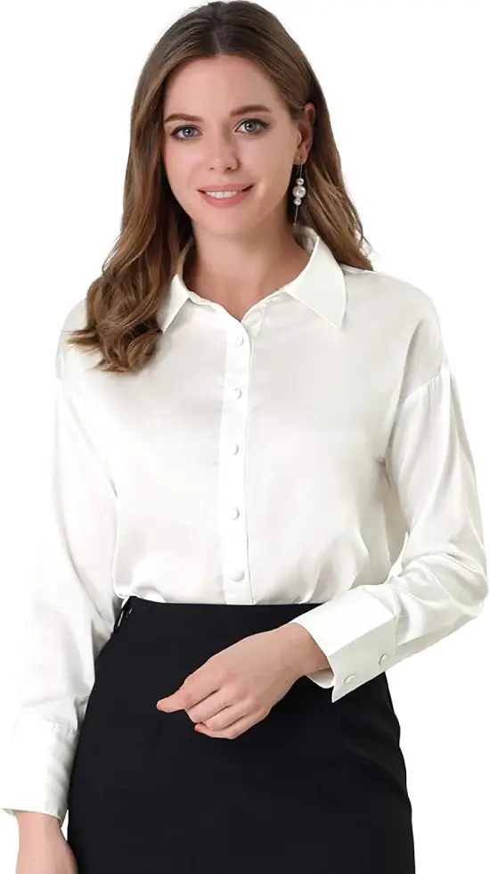 Professional White Button Front Worktop Work Office Silky Blouse 