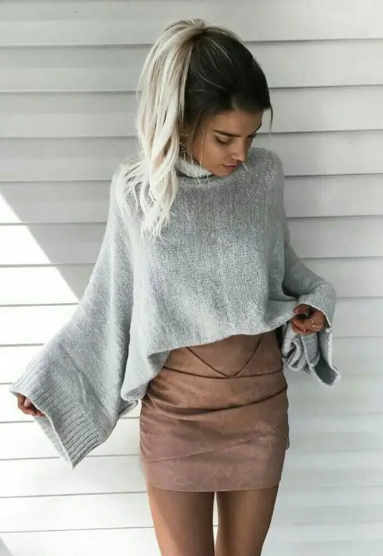 Brown Skirt and Big Gray Sweater