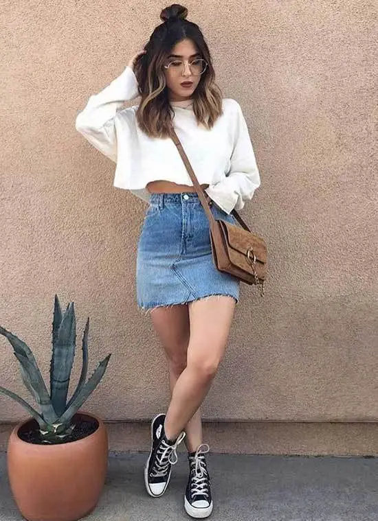 Cropped Sweater and Jean Skirt Sporty Outfit