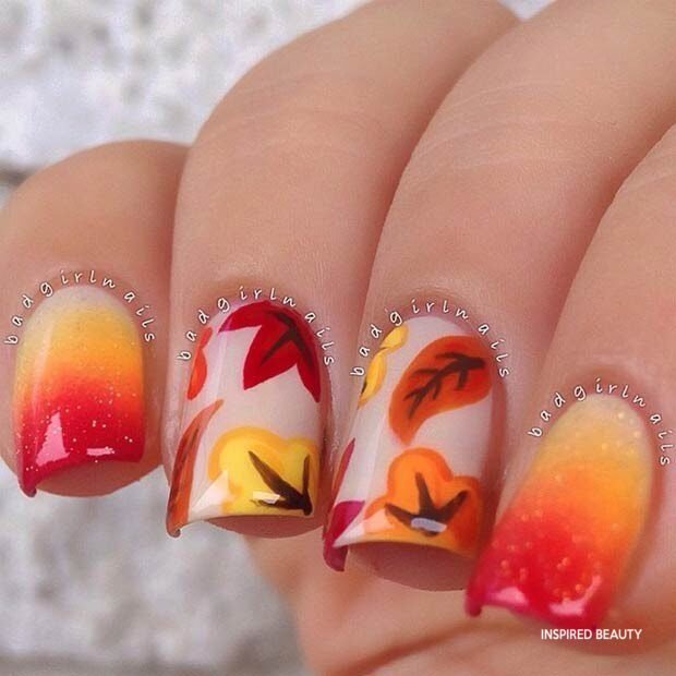 Gorgeous multi color nails for autumn fall leaf nail designs