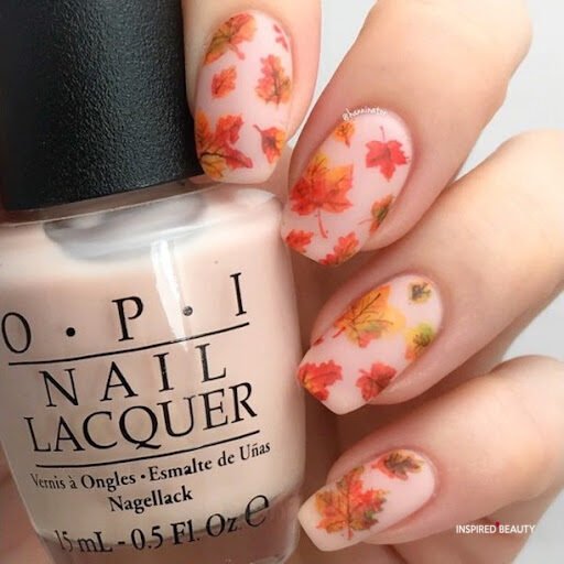 Pink Medium Nails with leaves design for fall