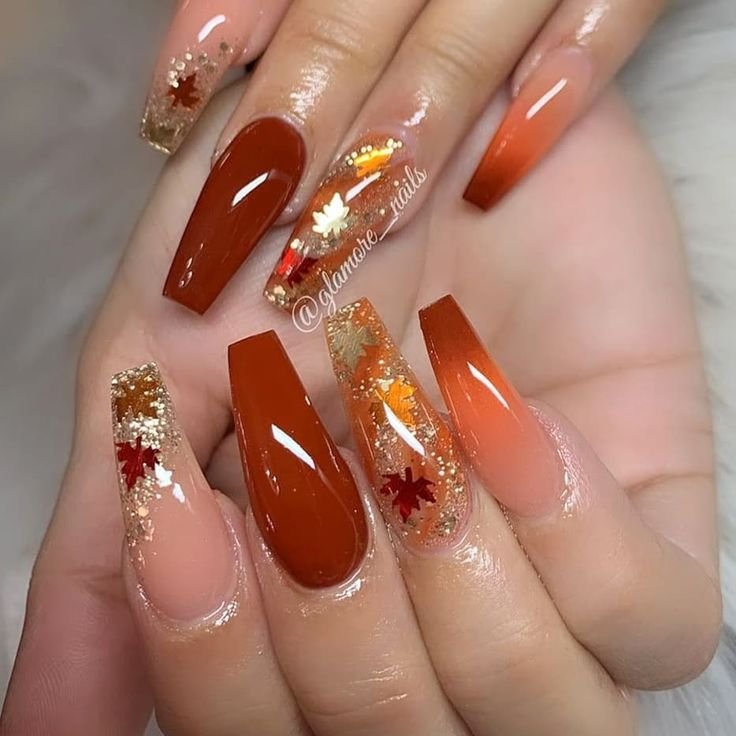 Colorful Fall Nails with Leaves Design