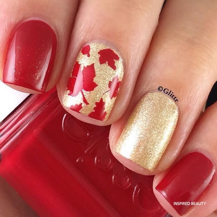 Red and Gold Nails with Glitter for Falls