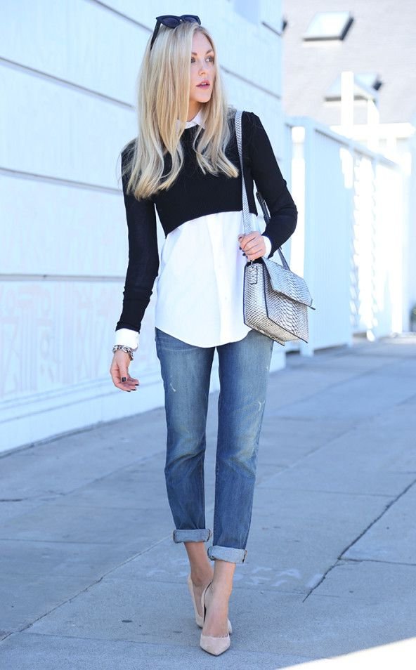 Black sweater with white shirt and blue jeans cute outfit with cropped top sweater 