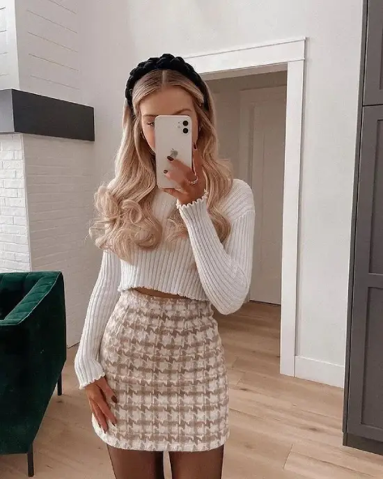 Skirt Outfit with Cropped Top Sweater Ideas