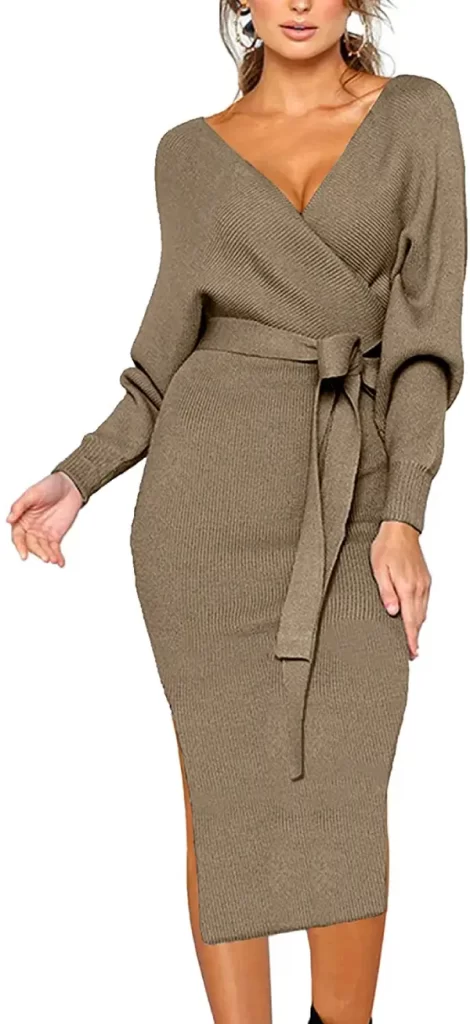V Neck Sweater Dresses Batwing Long Sleeve Backless Bodycon Dress with Belt