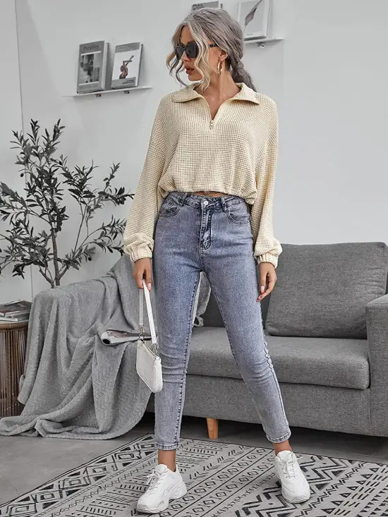 Waffle Knit, Drawstring Cropped Top Sweater