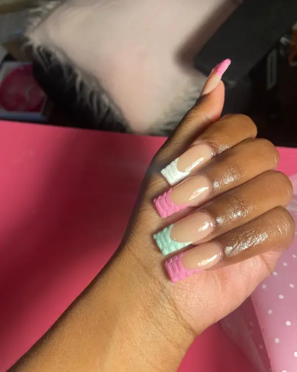 Pink White and Green Nail Polish French Tip