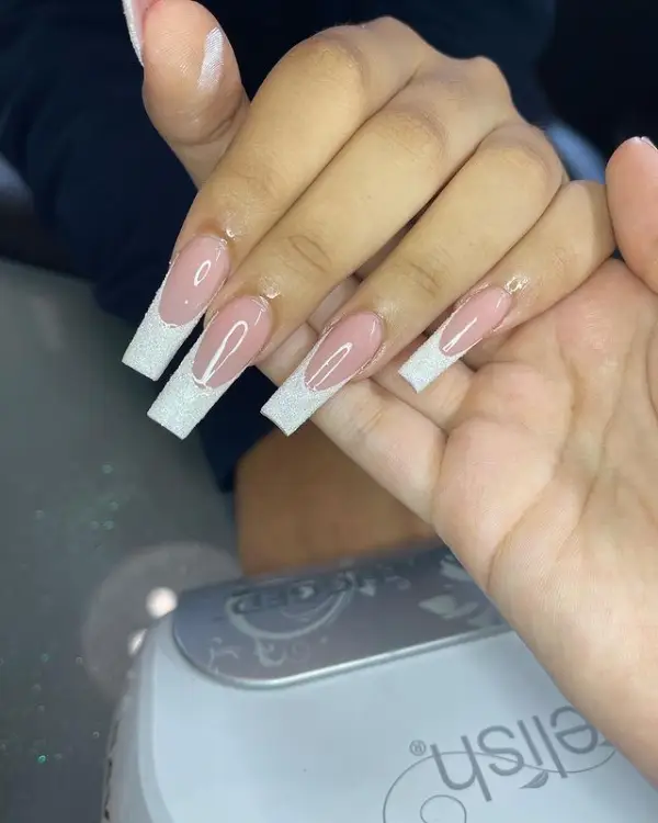 French tip coffin nails with glitter