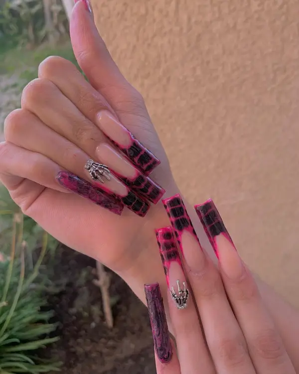 Long Red and black French Tip with a Creepy Design
