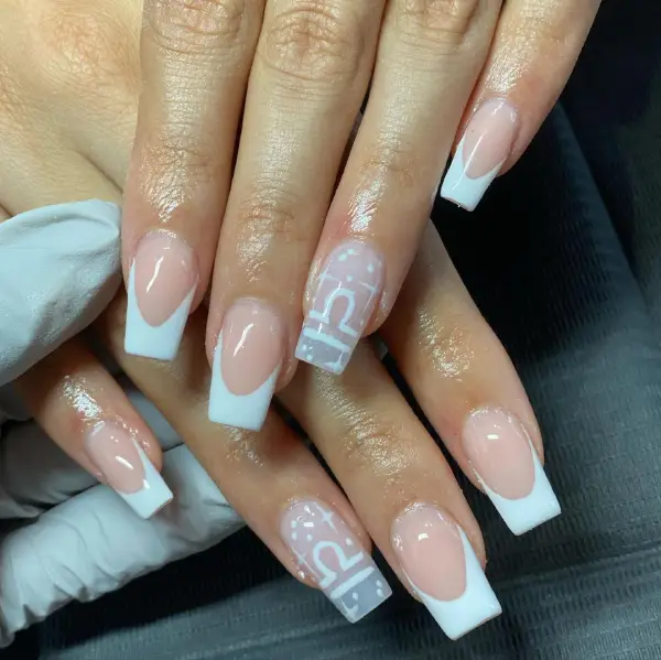 White medium Length Nails with mix French design and 