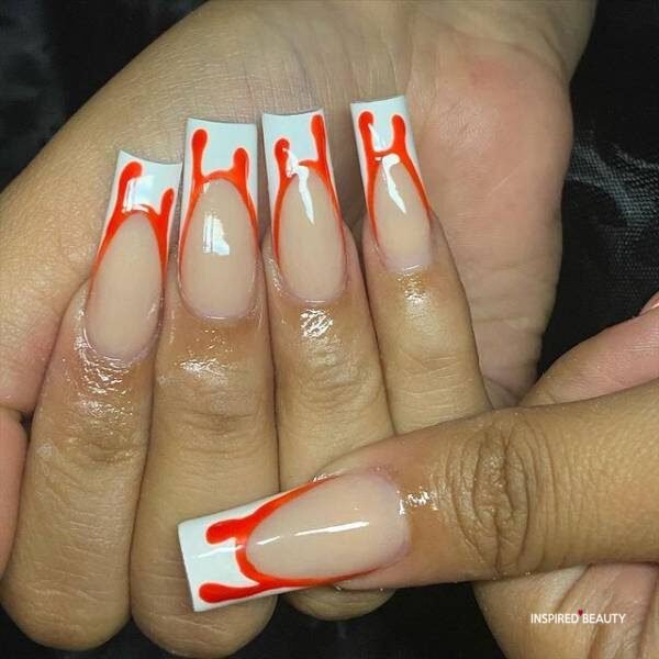 White and red flat French tip nails 