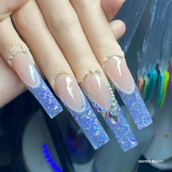 blue tropical long French nails with rhinestones