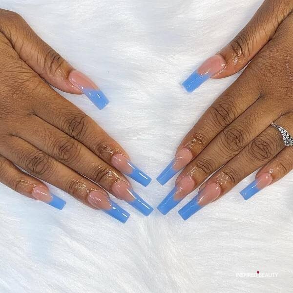 Blue square long French nails 