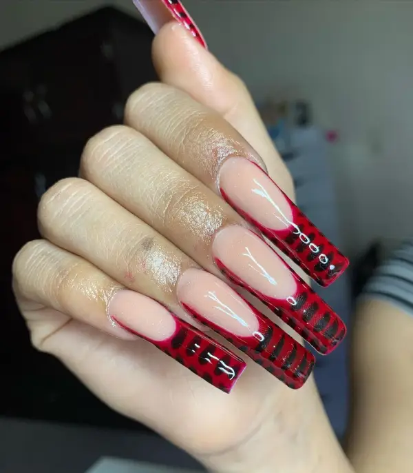 Black and red cute long nails with French tip