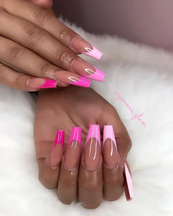3 Shades of pink long coffin shape nails french tip nails