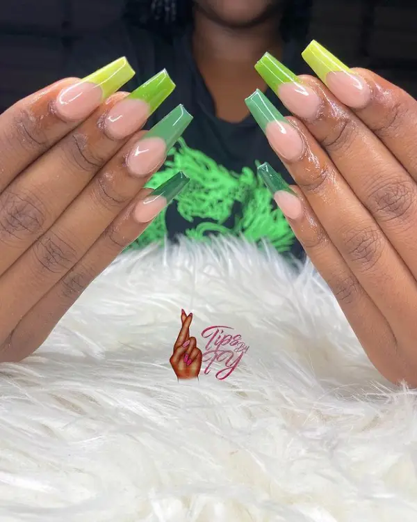 4 shade of green long coffin nails french tip 