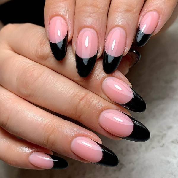 Black French Tip Nails almond shape