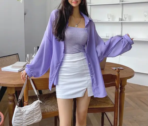 White Mini Skirt with Long Sleeve button front Blouse Soft girl aesthetic outfits