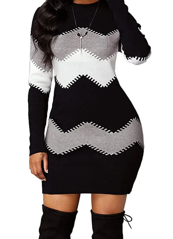 Black and White Striped Mini Sweater Dress with Long Sleeve