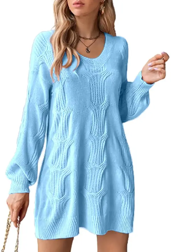 Sweater Dress V Neck Cable Knitted Dress Casual Loose Pullover Sweater