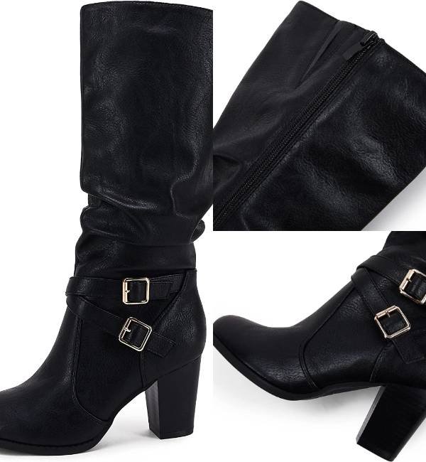 Womens Chunky Heels Metal Buckle Side Zipper Winter Shoes