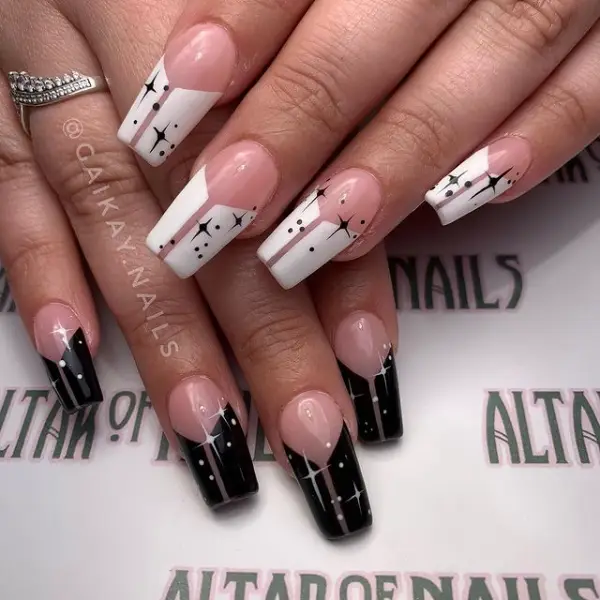 Black and white star long French tips