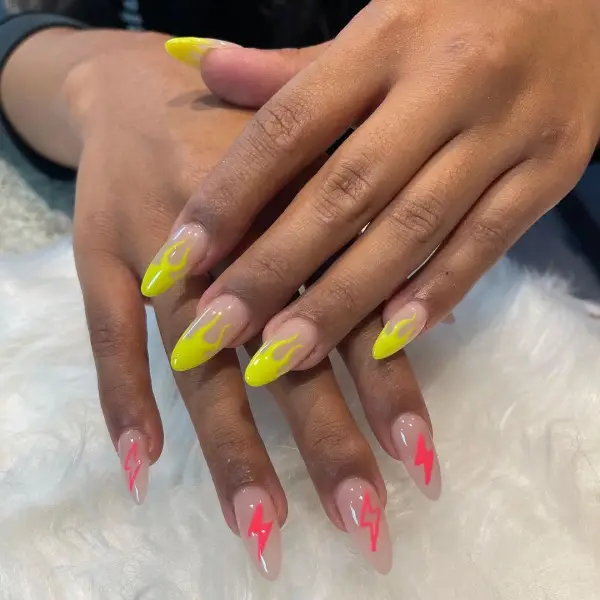 Yellow and Pink French Tip Nail Flash Design with Almond Shape 