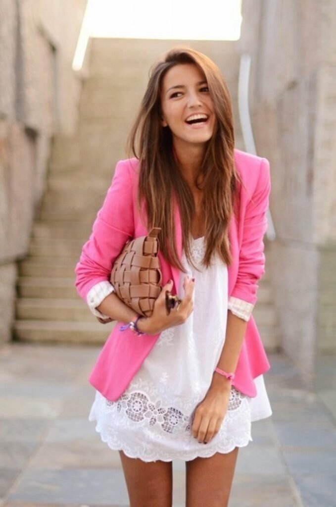 Pink Blazer with White Dress Trendy Outfit for Work